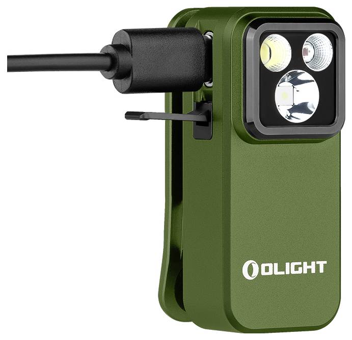 Zelená Olight baterka s dvomi okrúhlymi LED diódami, štvorcovým senzorom a nabíjacím káblom po boku.