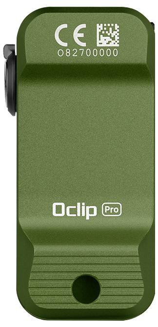 Zelený klip s nápisom 'Oclip Pro' a označením CE. Číslo modelu hore. Dizajn klipu pre všestranné uchytenie.
