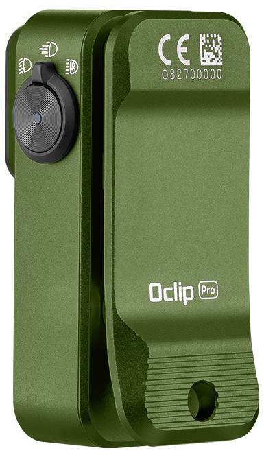 Zelené, kompaktné zariadenie s otočným gombíkom, QR kódom, označením CE a nápisom 'Oclip Pro'.