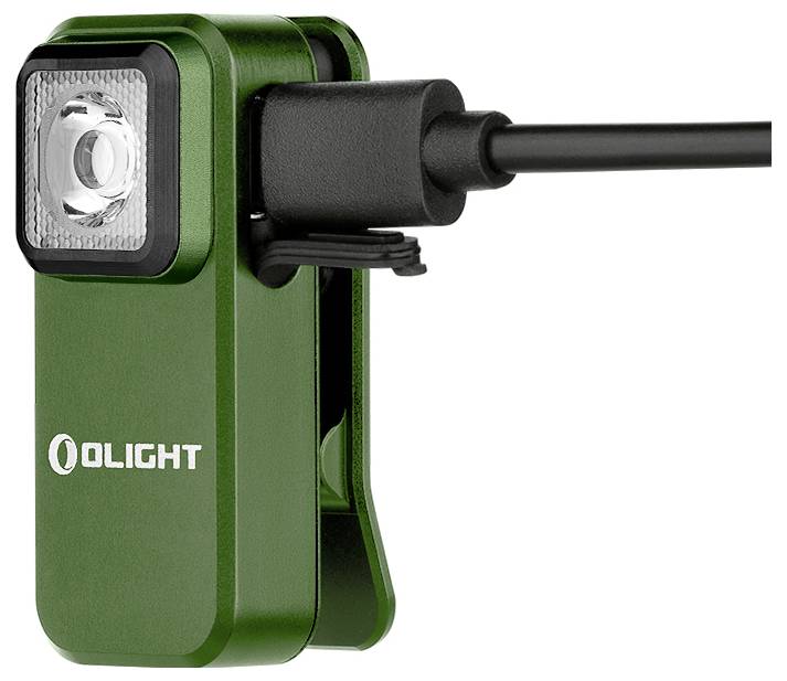 Zelená LED lampa so sponou a USB nabíjacím káblom od značky Olight.