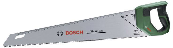 Ručná píla Bosch so zelenou rukoväťou a nápisom 'Wood fast', vhodná na rezanie dreva.