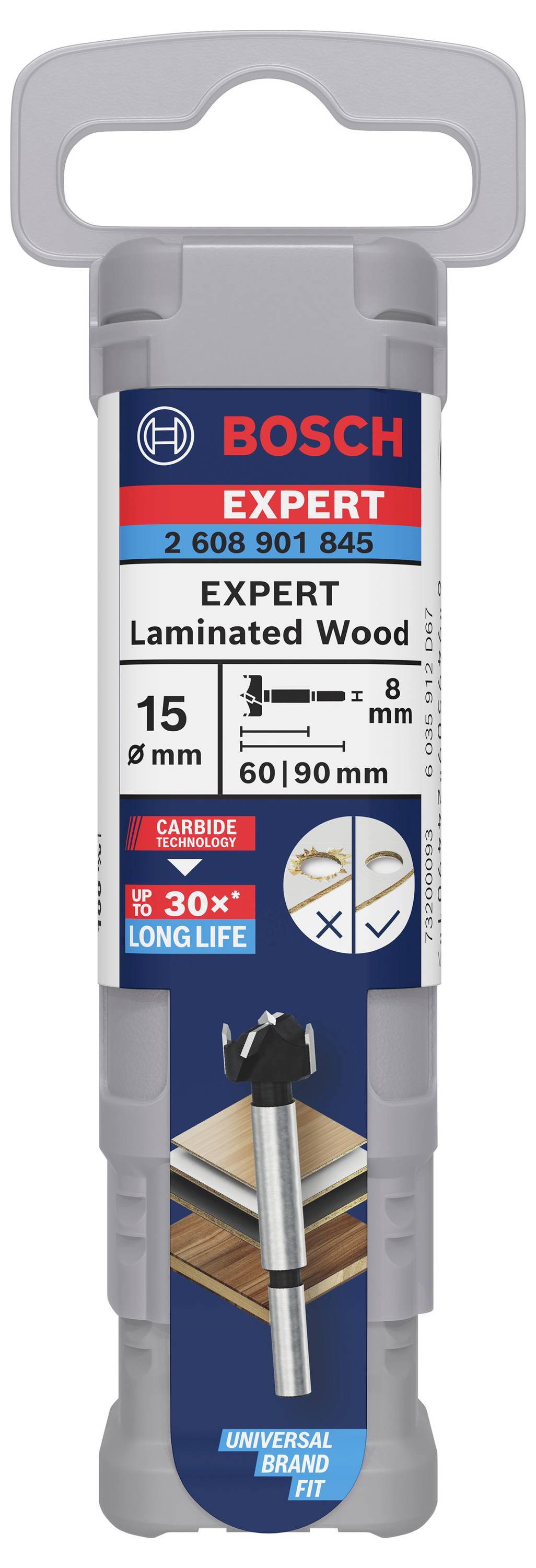 Vrták na laminátu, Bosch Expert, priemer 15 mm, dĺžka 60/90 mm, dlhá životnosť, tvrdokovový hrot.