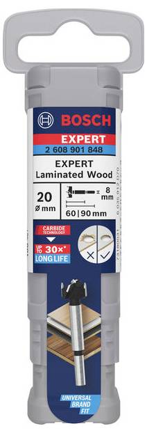 Etiketa 'Bosch Expert' s údajmi pre opracovanie dreva: priemer 20 mm, driek 8 mm, pre rezy 60/90 mm. Vysoká životnosť.