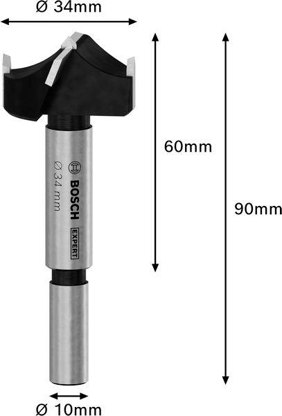 Vrták Forstner značky Bosch Expert s priemerom 34 mm; celková dĺžka 90 mm, priemer stopky 10 mm, použiteľná dĺžka 60 mm.