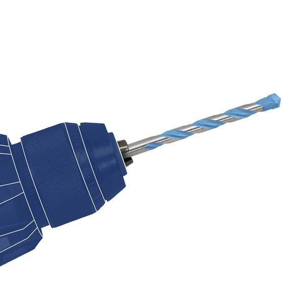 Modrý elektrický vŕtací stroj s špirálovou vrtákovou hlavicou, ktorá sa používa v elektrických vŕtačkách.