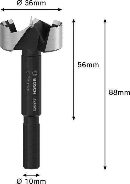 'Forstnerov vrták, Ø 36 mm, celková dĺžka 88 mm, priemer stopky 10 mm, čierny so strieborným ostrím, vhodný pre prácu s drevom.'