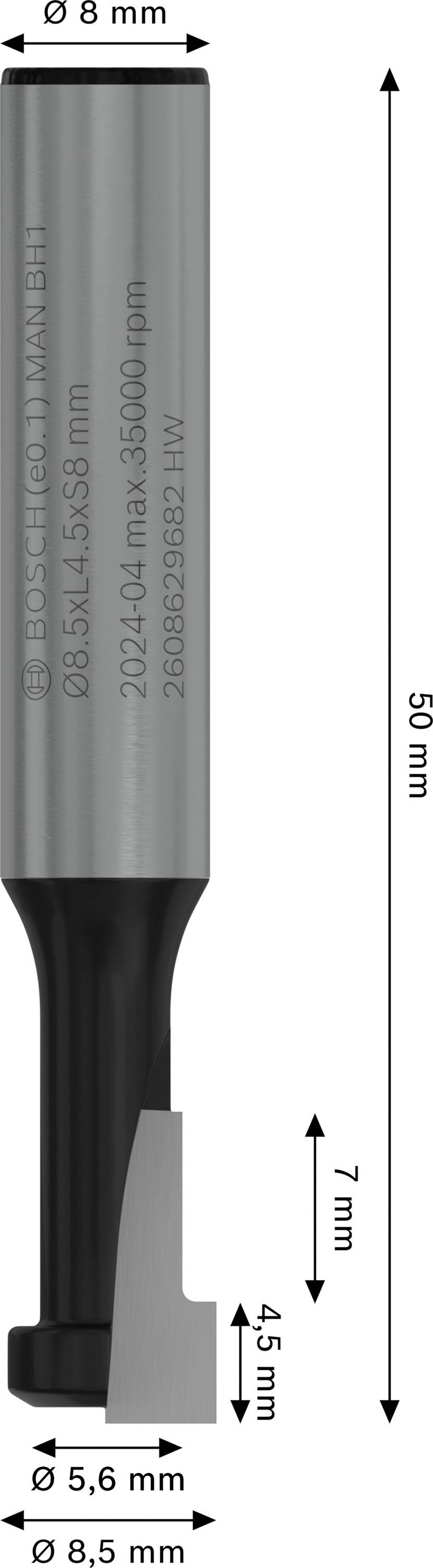 Fréza s rozmermi: celková dĺžka 57 mm, priemer rezu 8 mm, priemer drieku 8 mm, dĺžka reznej hrany 19 mm.