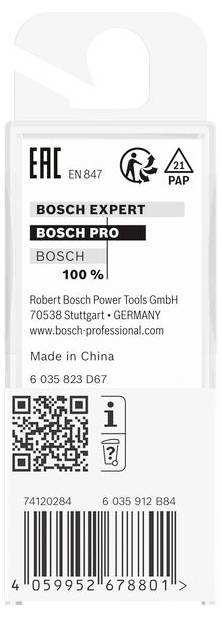 Etiketa obalu od Bosch s údajmi výrobcu, kontaktnými informáciami a QR kódom. Produkt spoločnosti Bosch Power Tools, vyrobený v Číne.