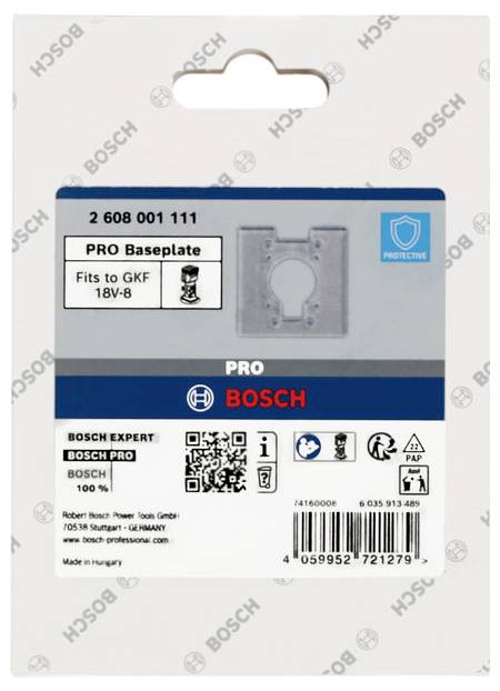 Zadná strana obalu Bosch PRO Baseplate s informáciami ako typ produktu, kompatibilita (18V-8), výrobca a čiarový kód.