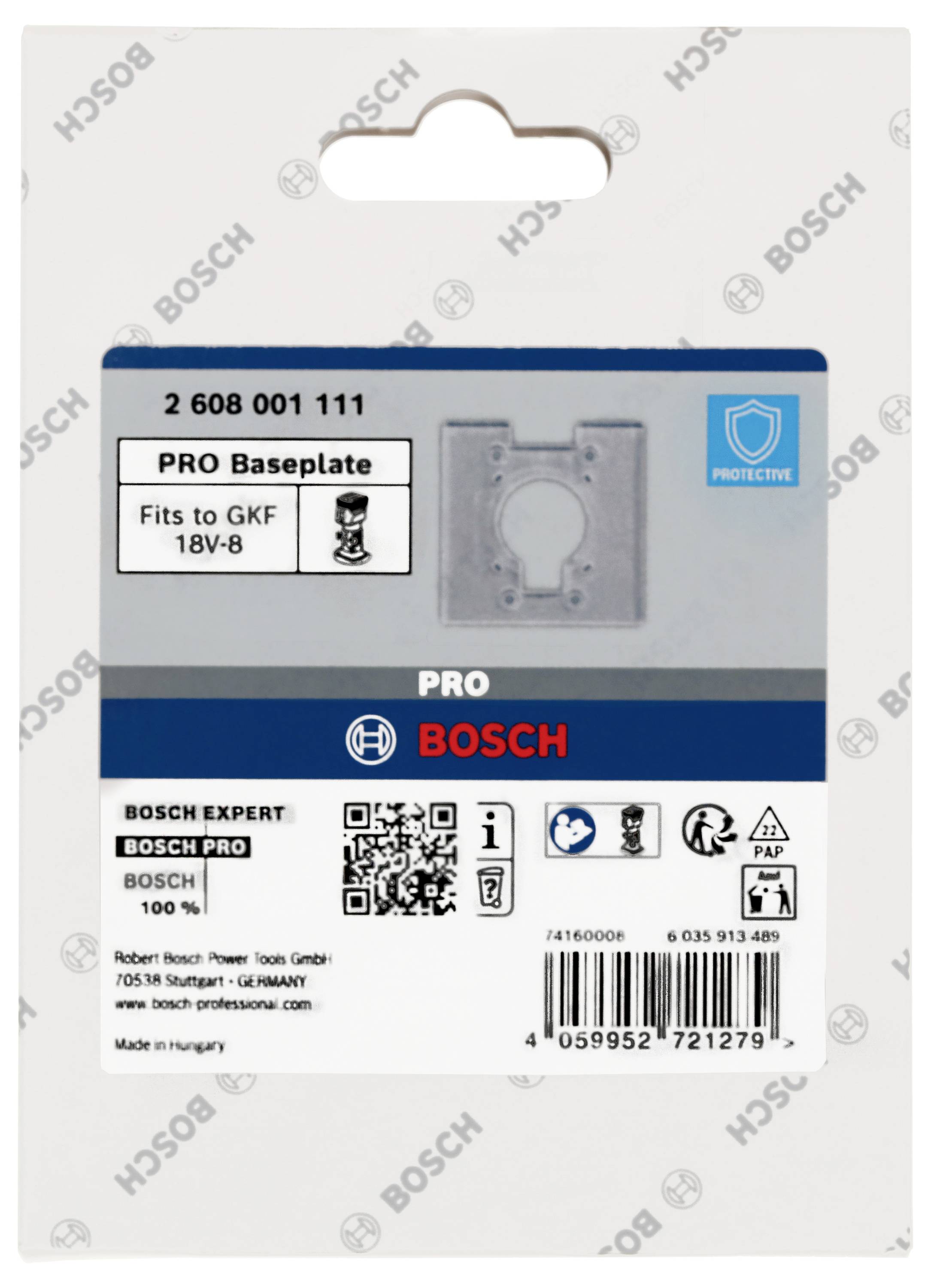 Balenie príslušenstva Bosch PRO základnej dosky pre GKF 18V-8. Zobrazuje obrázok produktu, čiarový kód a kontaktné informácie výrobcu.