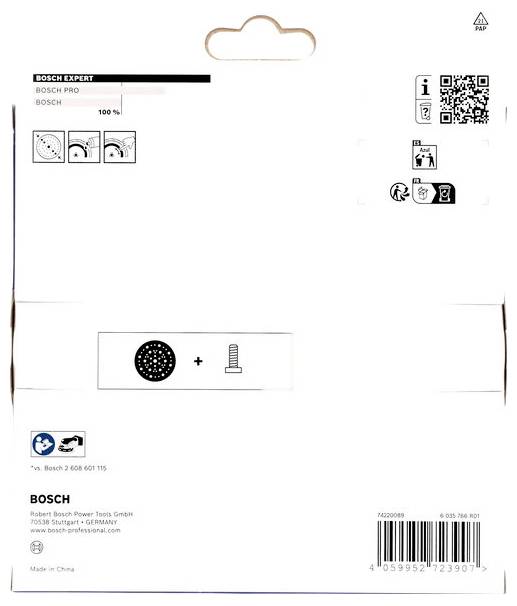 Obal 'Bosch Expert'. Vľavo hore: Logo a názov. V strede: Obrázky a symboly. Dole: Kontaktné informácie a čiarový kód.