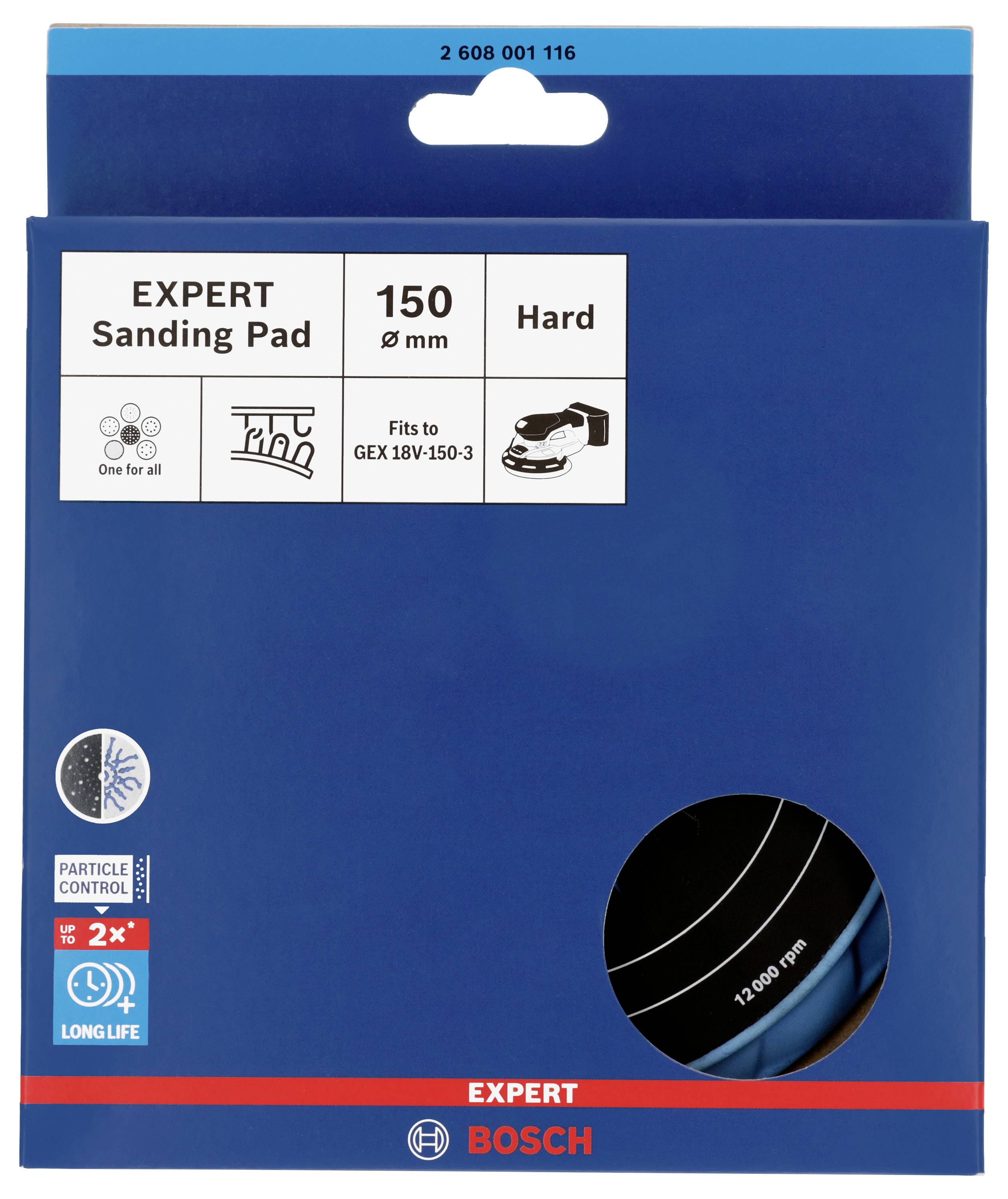 Balenie brúsneho kotúča Bosch 150 mm, séria Expert, pre GEX 18V-150-3, s informáciami o tvrdosti a ochrane pred časticami.