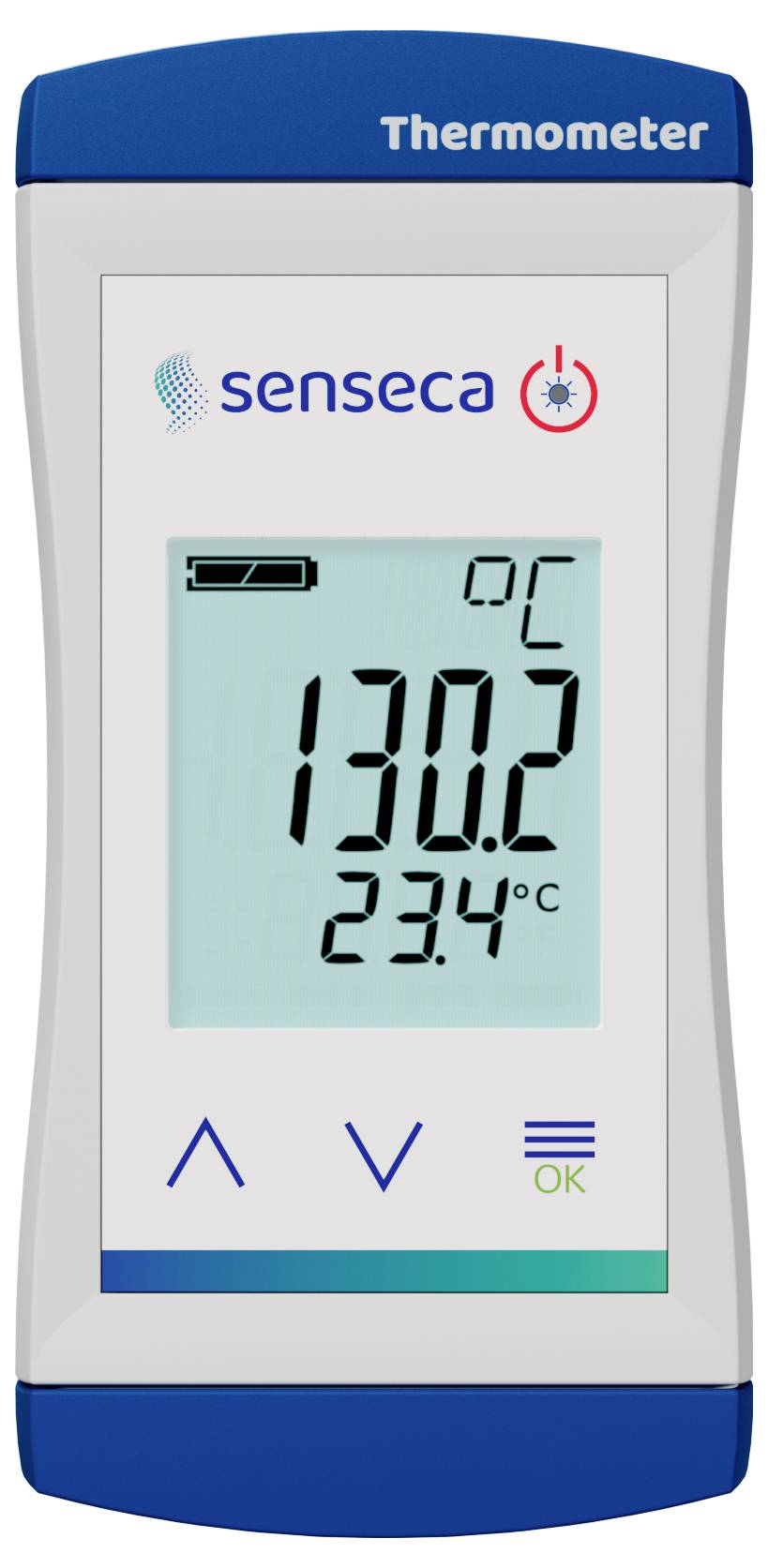 Digitálny teplomer zobrazuje '130.2' a '23.4°C'. Nad obrazovkou sa nachádza názov značky 'senseca'.