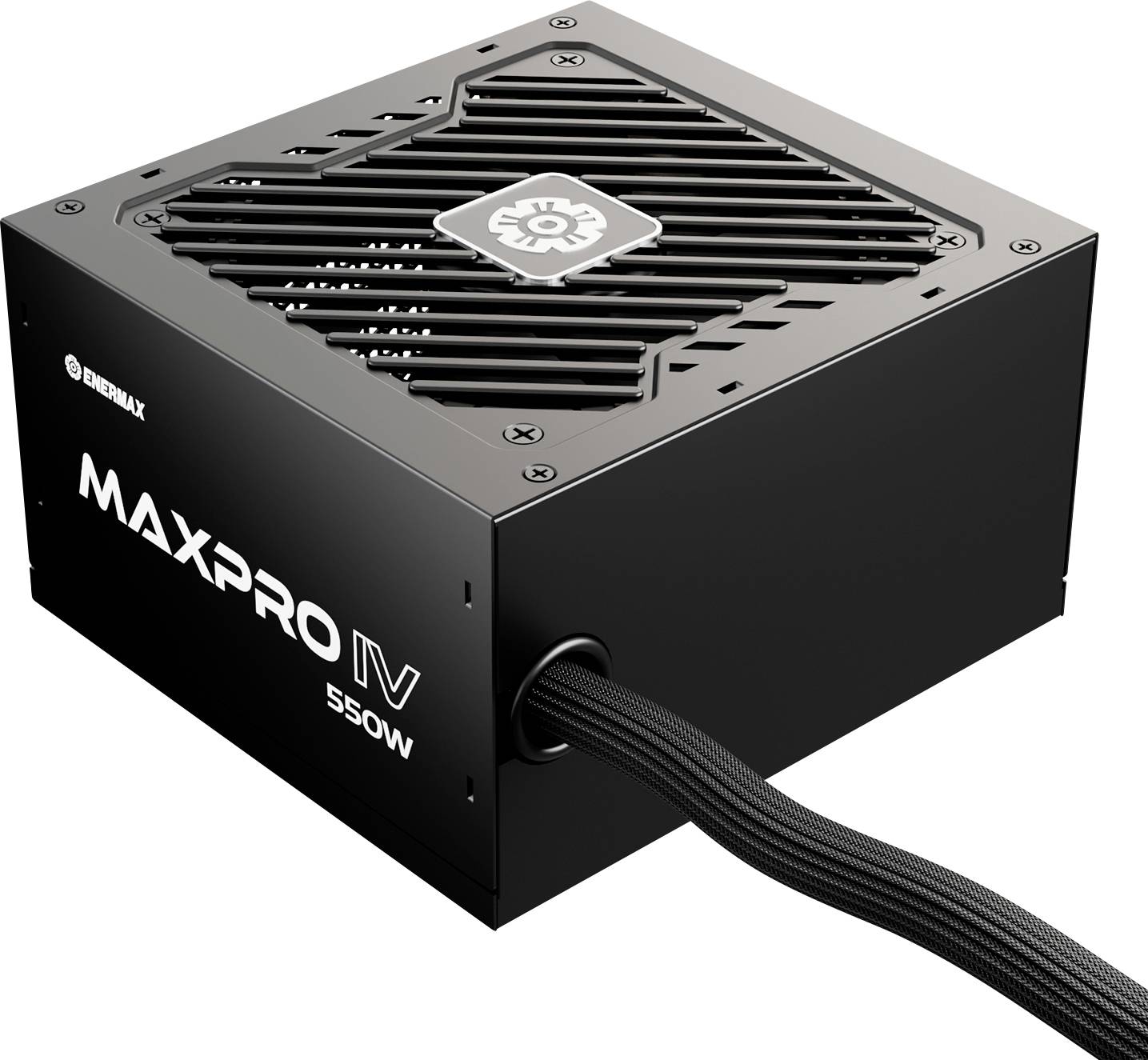 Čierna jednotka napájania označená ako 'MAXPRO IV 550W' s chladiacim ventilátorom na hornej strane a opletaným káblom vyčnievajúcim z boku.