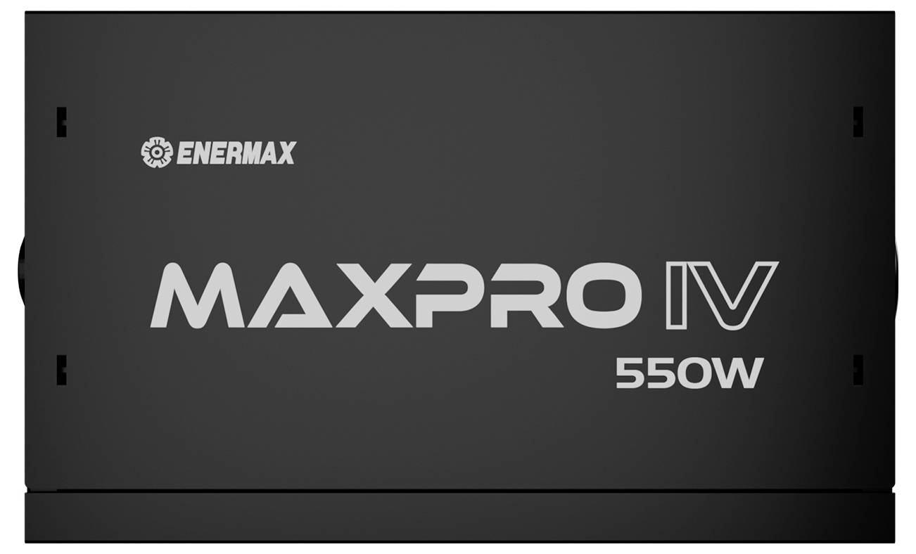 Napájací zdroj 'Enermax MaxPro IV 550W' v čiernom kryte, logo a názov modelu tučným písmom.