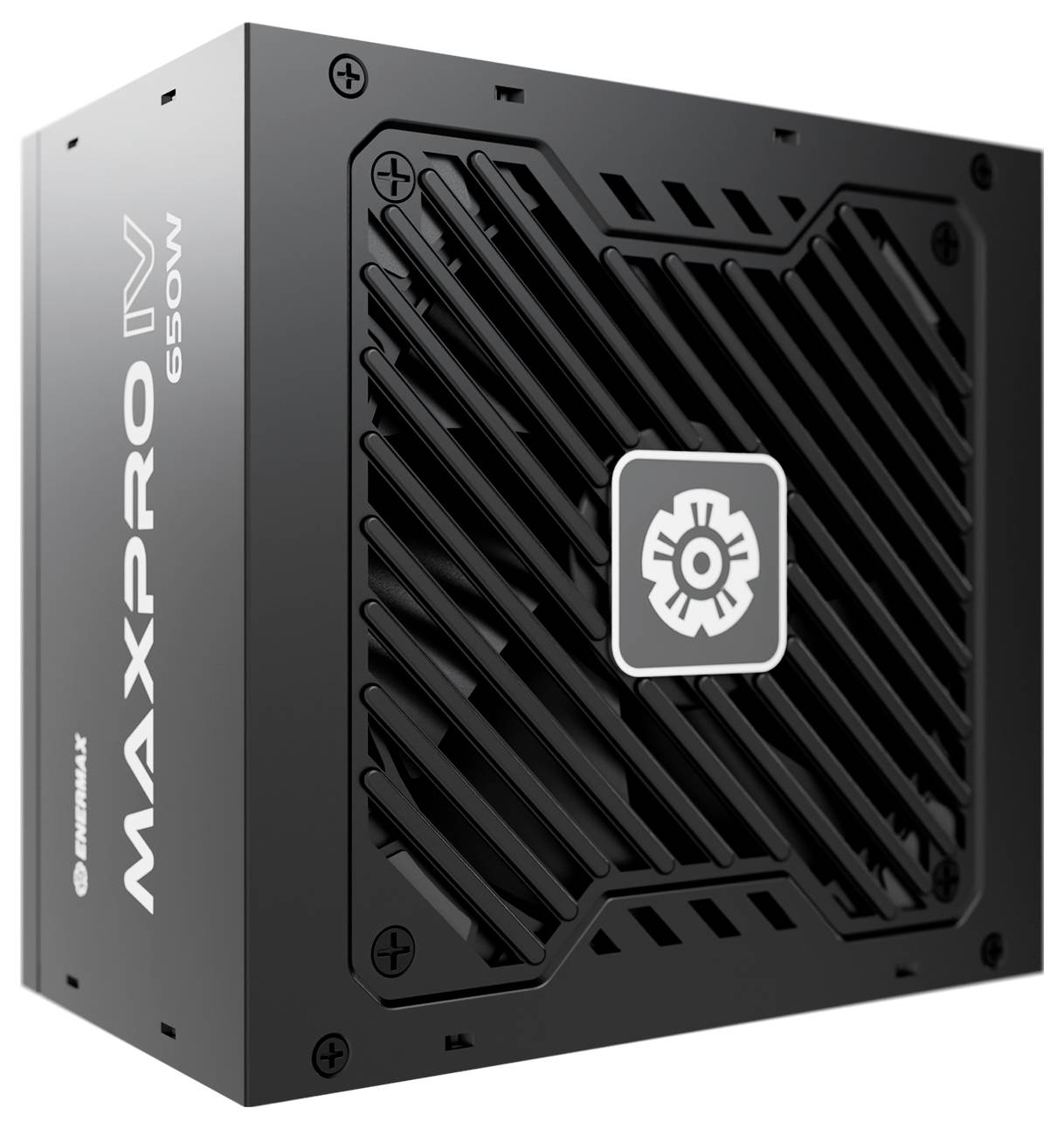 'MAXPRO IV 650W' napájací zdroj s vetracími otvormi, firemným logom, čiernym krytom, navrhnutý pre počítačové systémy.