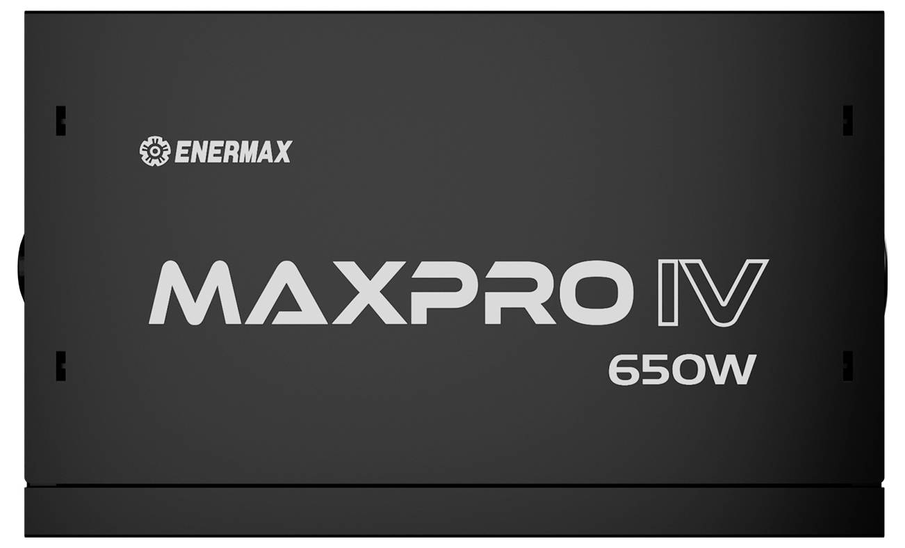 Napájací zdroj 'Enermax Maxpro IV 650W' s čiernym krytom a bielym textovým označením.