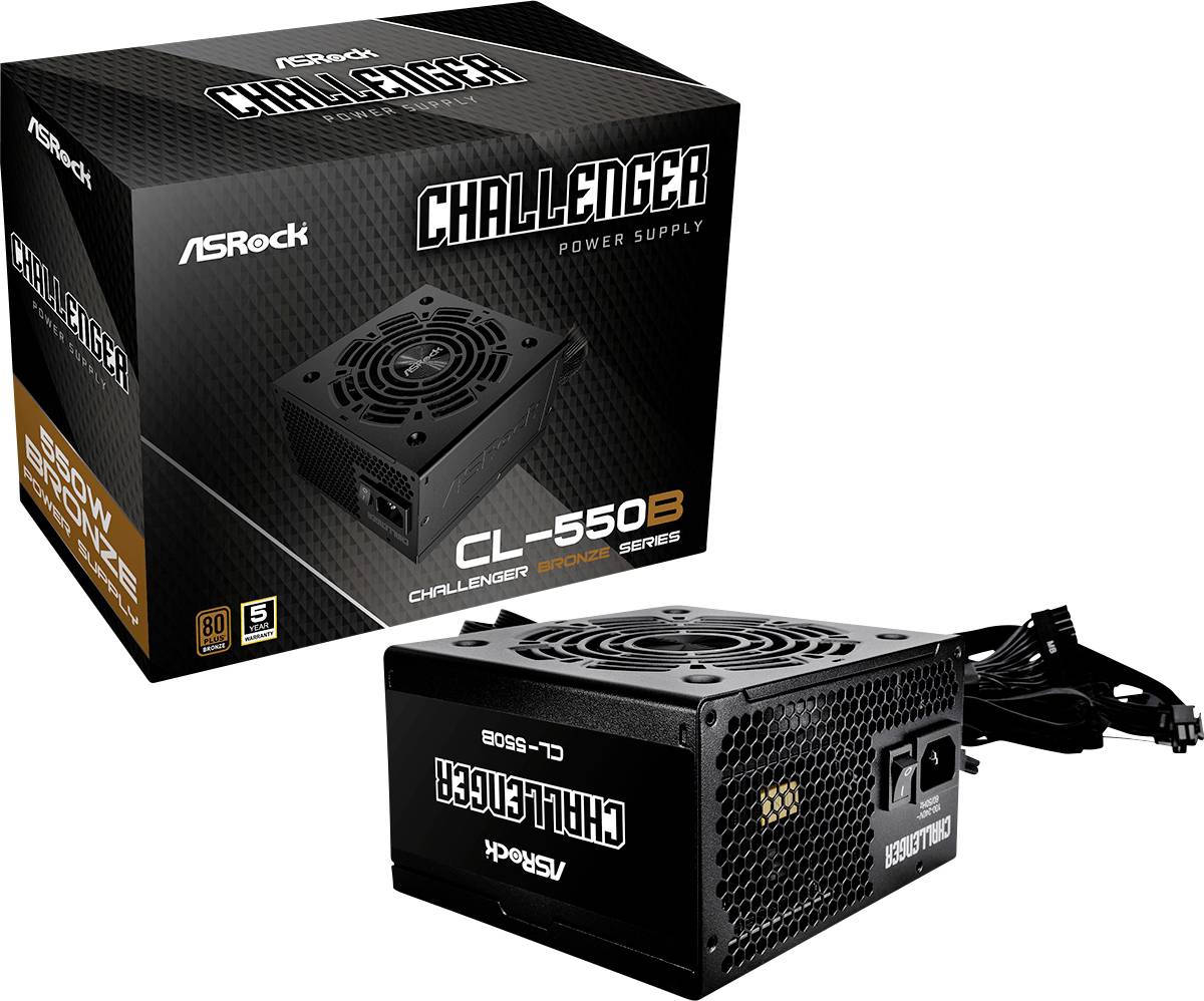 Sieťový zdroj AsRock Challenger CL-550B na čiernej skrinke a obale, 550 wattov, pre počítač, so zobrazenými konektormi.