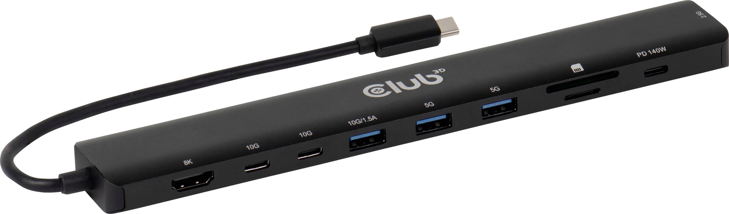 USB-C hub s rôznymi portmi vrátane HDMI, USB-A, USB-C, čítačky SD kariet. Kábel vľavo, logo značky v strede.