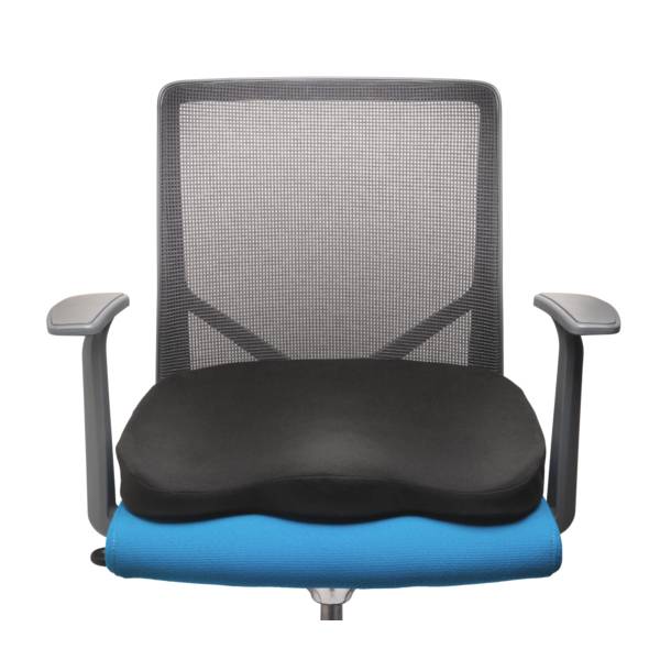 Výškovo nastaviteľná kancelárska stolička so sieťkovou operadlou, čierne čalúnené sedadlo a modré bedrové vankúšik; ergonomicky navrhnutá.