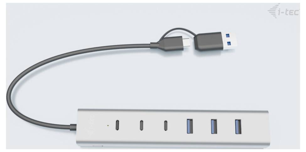 USB hub s viacerými portami: tri USB 3.0 porty, HDMI, SD Card slot a USB-C. Umožňuje súčasné pripojenia.