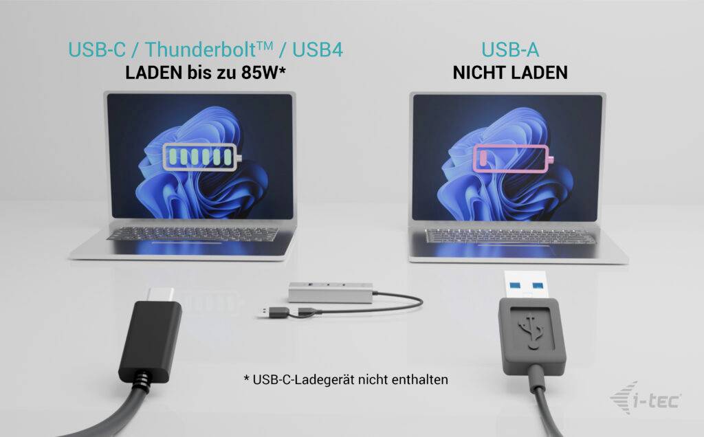 Vľavo je laptop s textom 'Nabíjanie až do 85W' a plne vybitým symbolom batérie. Vpravo je laptop s textom 'Nenabíja sa' a prázdnym symbolom batérie. Pripojenia cez USB-C a USB-A sú zreteľne vyznačené.