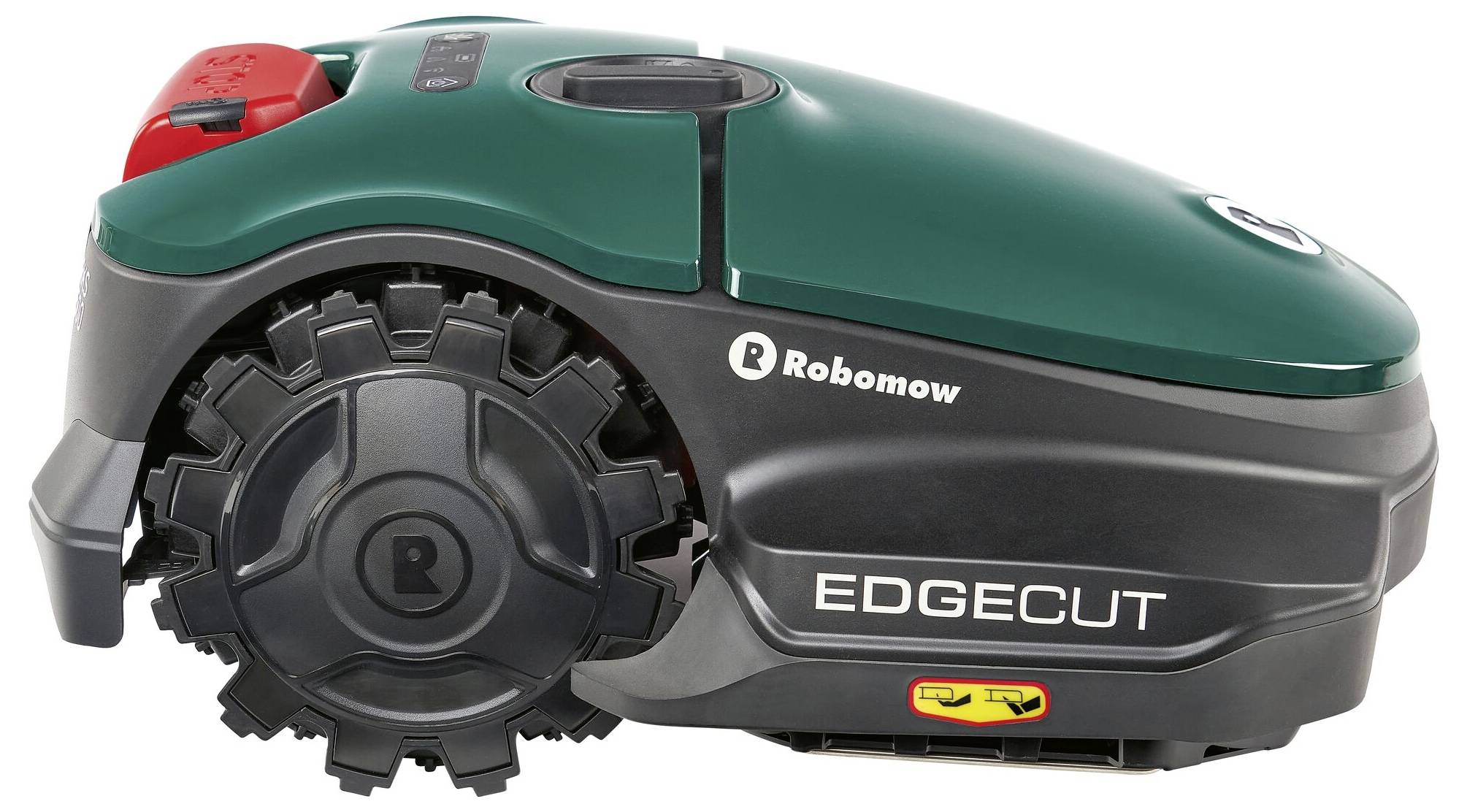 Automatická kosačka v bočnom pohľade. Je zelená s logom 'Robomow' a nápisom 'EDGECUT'.
