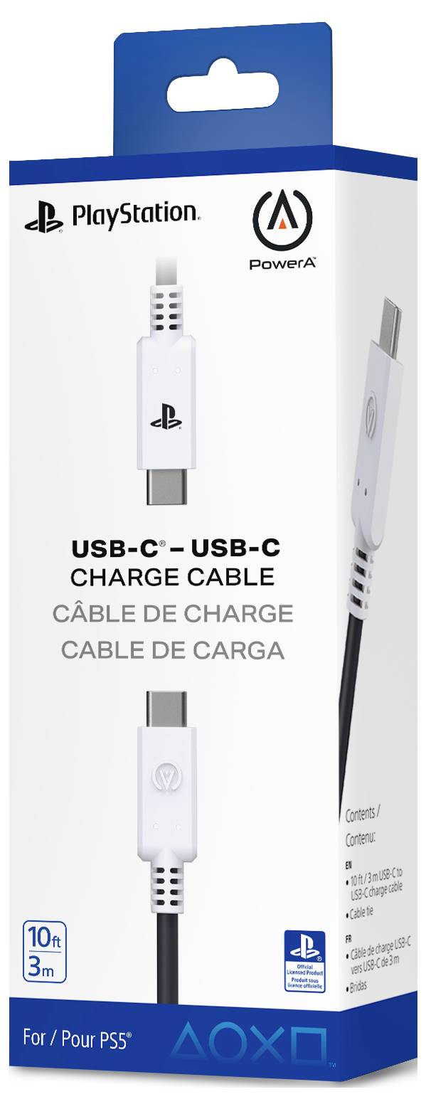 PlayStation USB-C na USB-C nabíjací kábel, balenie. Zobrazuje kábel a logá. Vhodné pre PS5. Dĺžka: 3 m.