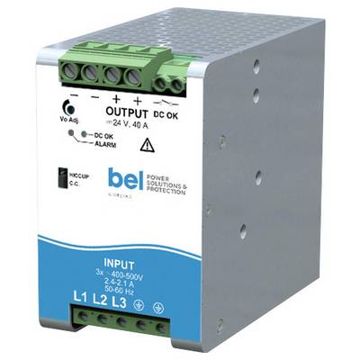 Priemyselný napájací modul v kovovom kryte so zelenými svorkami a modrým popisom. Text: 'OUTPUT DC OK, INPUT L1 L2 L3'.