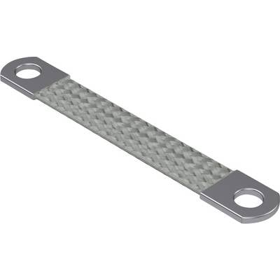 Prepletený kábel s kovovými okami na oboch koncoch, určený na elektrické prepojenie v strojoch alebo rozvádzačoch.