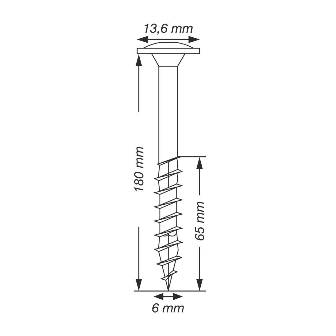 Technický výkres skrutky: celková dĺžka 180 mm, priemer hlavy 13,6 mm, dĺžka závitu 65 mm, priemer drieku 6 mm.