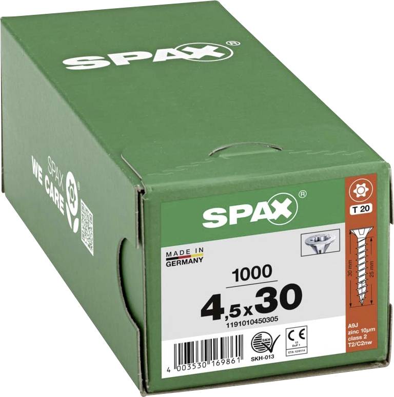 SPAX 1191010450305 R 88091 Senkkopf/T-STAR Træskrue 4.5 mm 30 mm Torx, Invendig sekskant Stål Galvaniseret 1000 stk