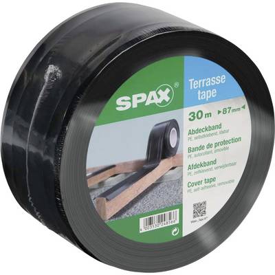 'SPAX terasové pásky, 30m x 87mm, čierna PE ochranná páska, samolepiaca a odstrániteľná. Používa sa na ochranu terasových dosiek.'