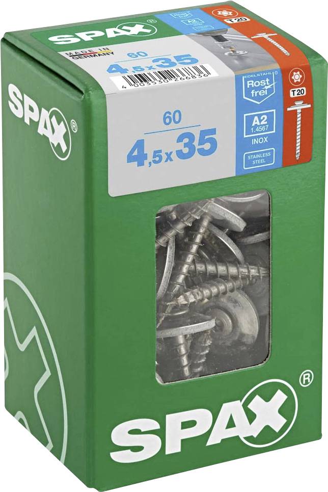 SPAX 4577000450357 Spenglerskrue 4.5 mm 35 mm T-STAR Plus Rustfrit stål A2 60 stk