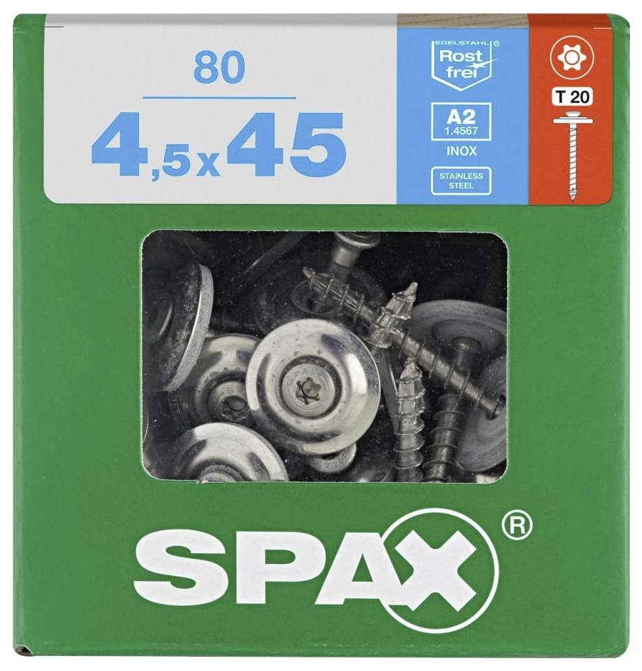 Zelený obal skrutiek SPAX s nápisom '80 4,5x45' a označením nehrdzavejúcej ocele. Priehľadné okienko zobrazuje skrutky s podložkami.