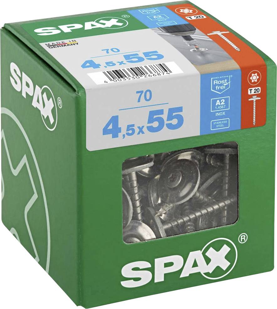 Zelený obal so skrutkami SPAX. Text na obale: '70, 4,5 x 55'. Skrutky viditeľné cez plastové okienko.