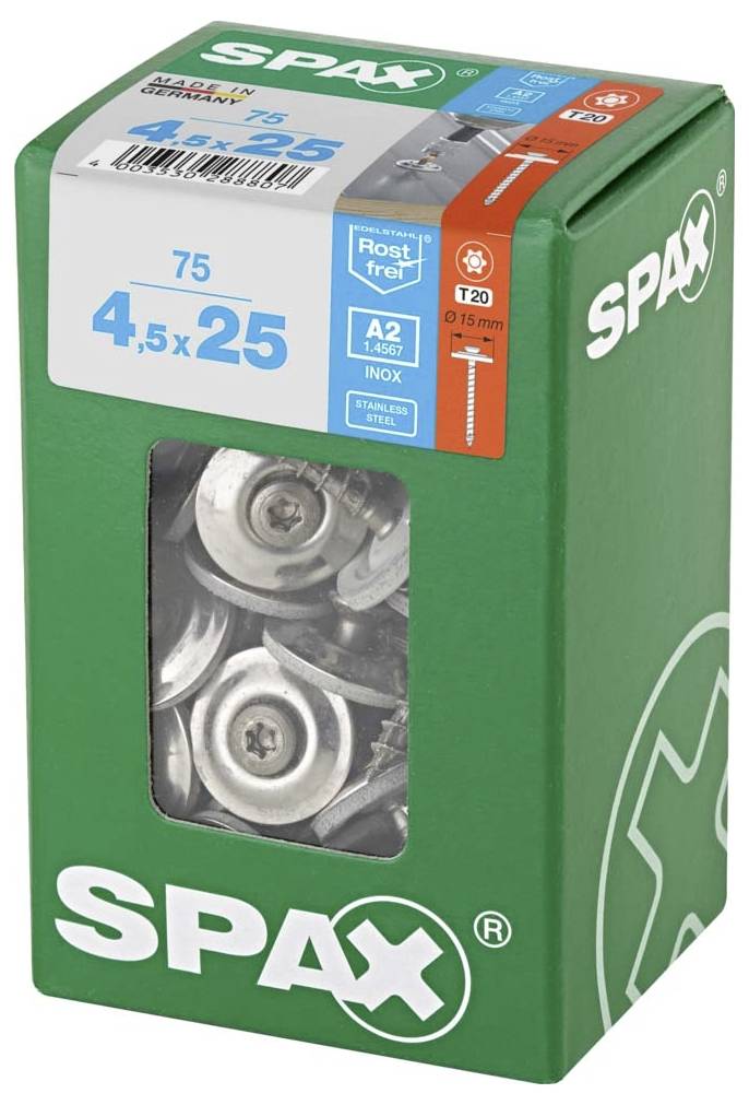 Balenie skrutiek SPAX, zelené. Obsahuje 75 kusov, 4,5 x 25 mm, z nehrdzavejúcej ušľachtilej ocele A2. Obsahuje veľkosť vrtáka T20.