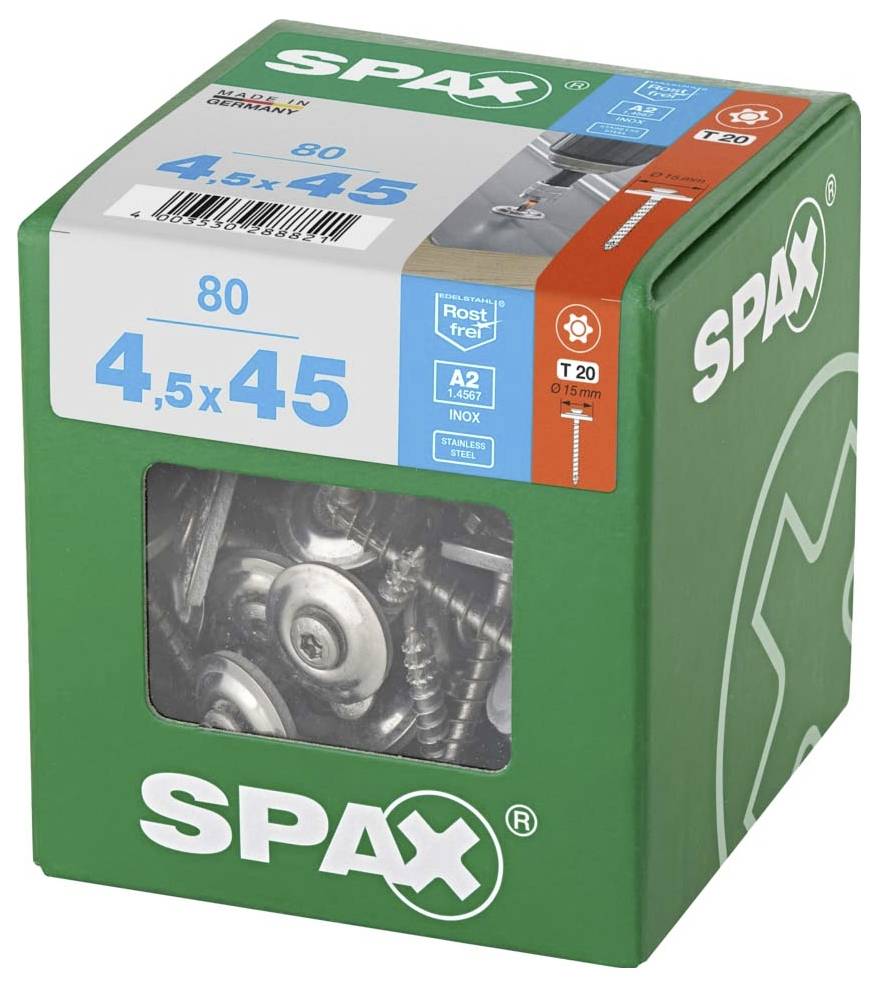 Škatuľa skrutiek Spax, veľkosť 4,5 x 45, 80 kusov. Zelený obal s priehľadným okienkom, cez ktoré sú viditeľné skrutky.