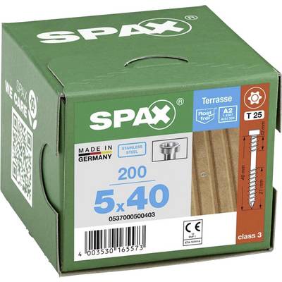 Kartón s 200 terasovými skrutkami značky 'SPAX', veľkosť 5x40 mm, z nehrdzavejúcej ocele. Vyrobené v Nemecku. Vhodné do exteriéru.
