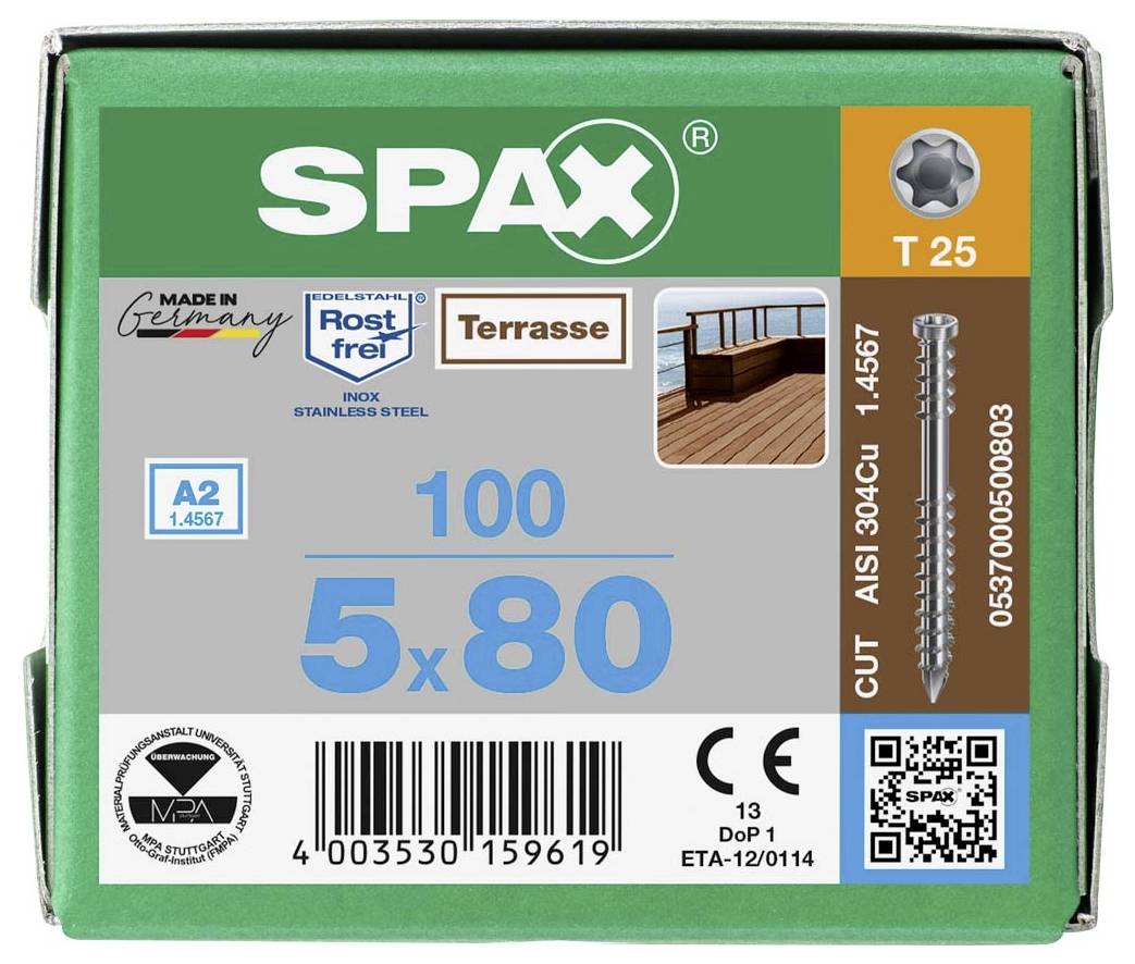 Balenie skrutiek SPAX z nehrdzavejúcej ocele, vhodné pre terasy, veľkosť 5x80 mm, s QR kódom a produktovými informáciami.