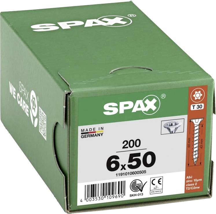 'SPAX skrutky 200 kusov, veľkosť 6x50 mm, vyrobené v Nemecku, s Torx T30 pohonom. Obal produktu zobrazuje logo a údaje o veľkosti.'