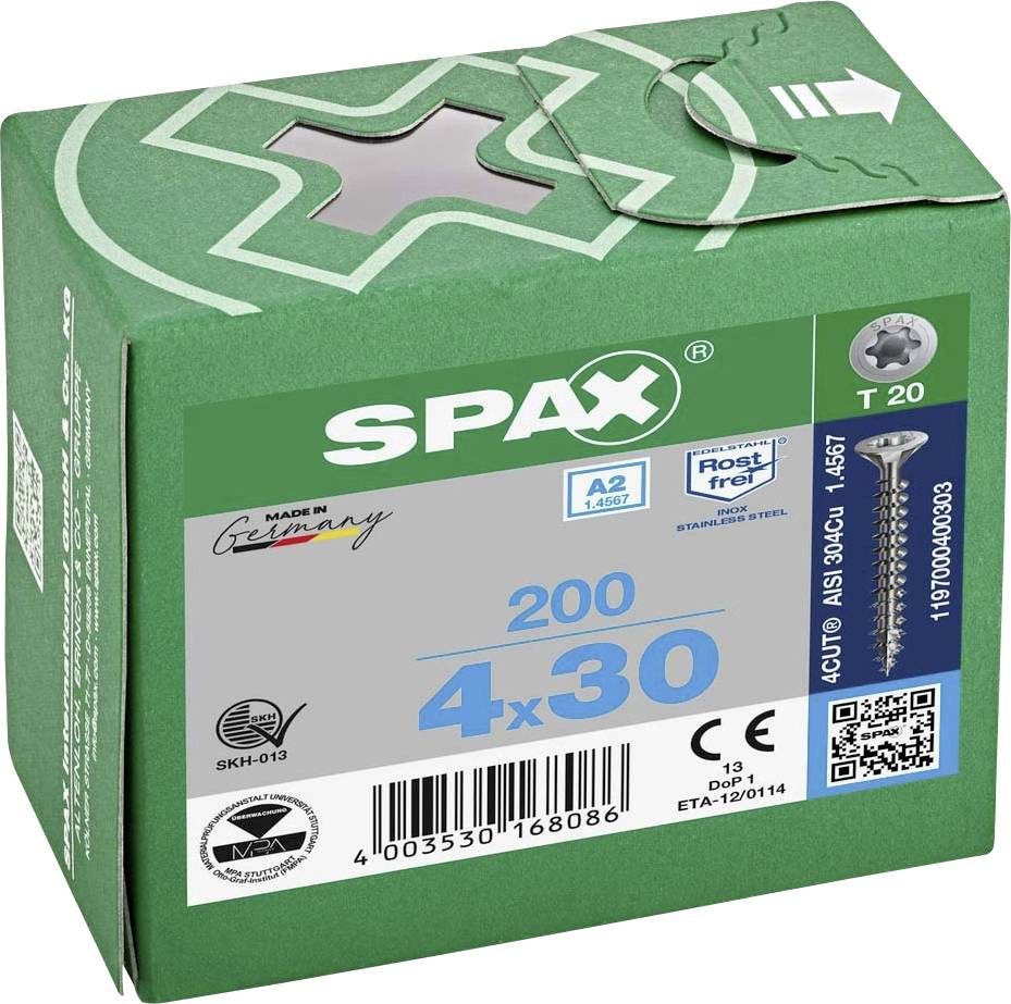 SPAX 1197000400303 R 88091 Senkkopf T-STAR Træskrue 4 mm 30 mm T-STAR Plus Rustfrit stål A2 200 stk