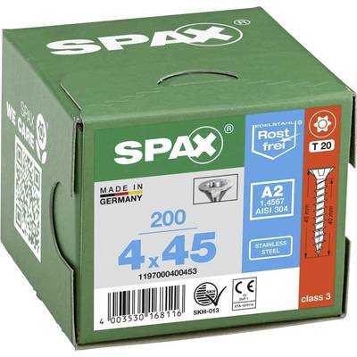 Kartónová škatuľa s nápisom 'SPAX', obsahuje 200 nehrdzavejúcich nerezových skrutiek, veľkosť 4x45 mm, vyrobené v Nemecku, odolné proti korózii.
