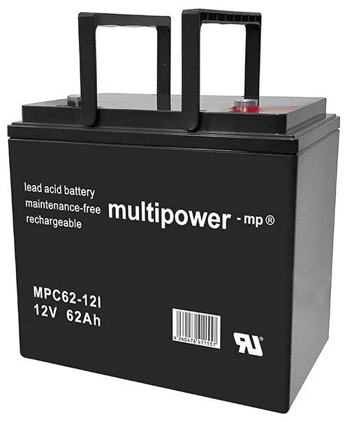 Čierna olovená batéria s nápisom 'multipower - mp®'. Číslo modelu MPC62-12I, 12V, 62Ah. Bezúdržbová a dobíjateľná.
