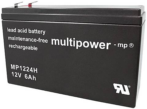 Olovený akumulátor, typ MP1224H, 12V 6Ah, bezúdržbový a dobíjateľný, značka 'multipower'.