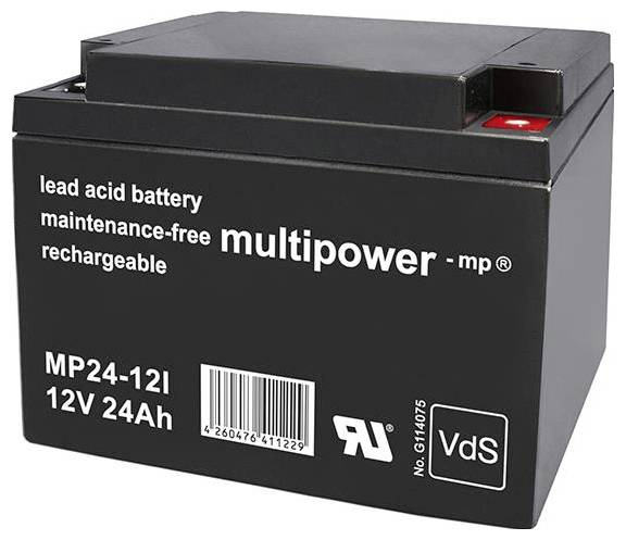 Na obrázku je bezúdržbová olovo-kyselinová batéria značky Multipower s modelovým číslom MP24-12I. Má 12 voltov a 24 Ah.