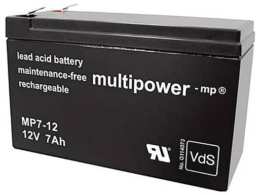 Čierna, nabíjateľná olovená batéria značky Multipower, typ MP7-12, 12V, 7Ah, bezúdržbová, s bezpečnostnými certifikátmi.