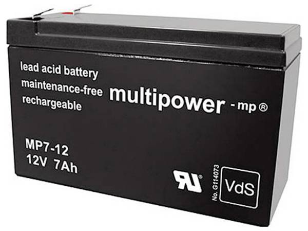 multipower MP7-12 142239 olovený akumulátor 12 V 7 Ah olovený so skleneným rúnom (š x v x h) 65 x 102 x 151 mm plochý konektor 4,8 mm bezúdržbová, nebadateľné vybíjanie, VDS certifikácia