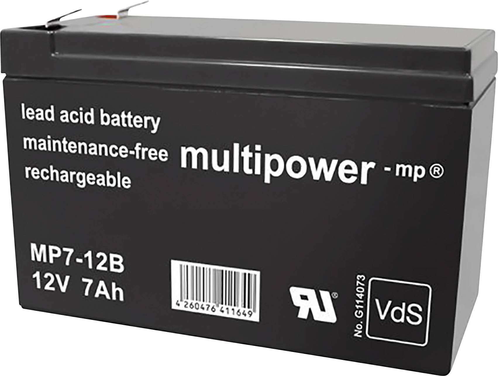 Čierna bezúdržbová olovená batéria s nápisom 'lead acid battery', 'multipower', 12V, 7Ah. Čiarový kód a certifikácie viditeľné.