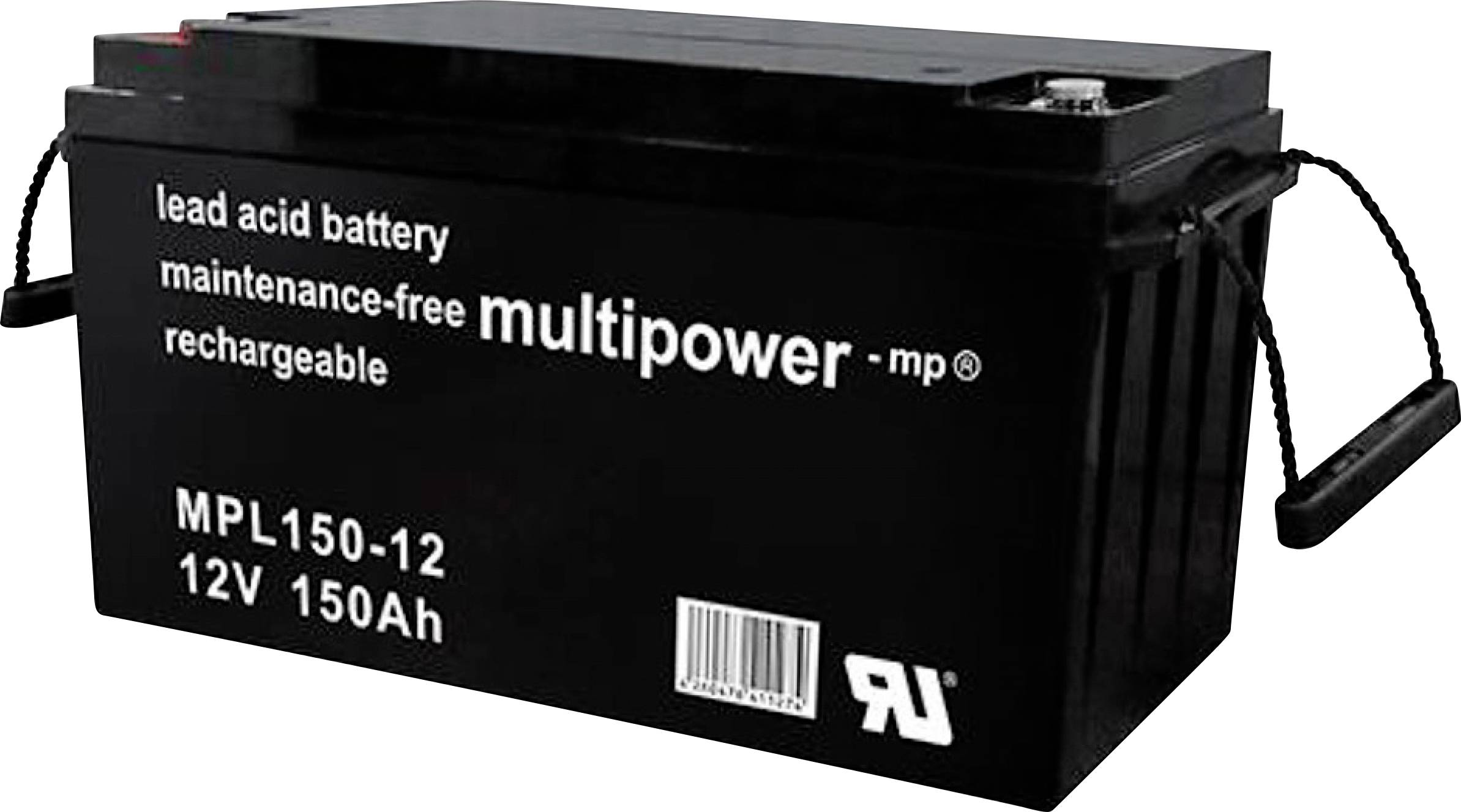 Čierna bezúdržbová a nabíjateľná olovená batéria Multipower. Model: MPL150-12, napätie: 12V, kapacita: 150Ah.